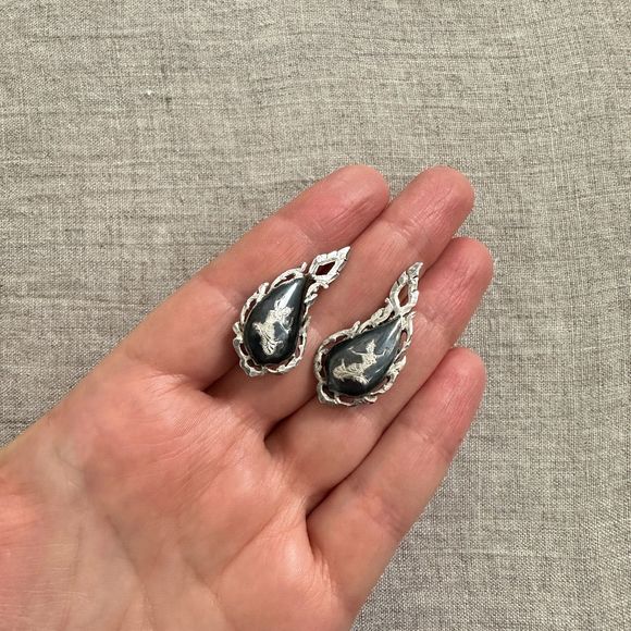 Vintage Siam Dancer Sterling Silver Black Niello Enamel Earrings Clip-on 50's - Picture 4 of 16